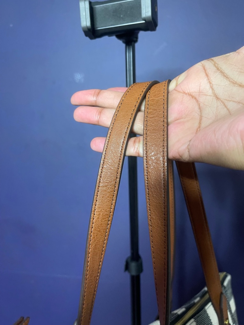 Fossil Black & Cream Striped Canvas Tote with Brown Leather Handles - Picture 3 of 4